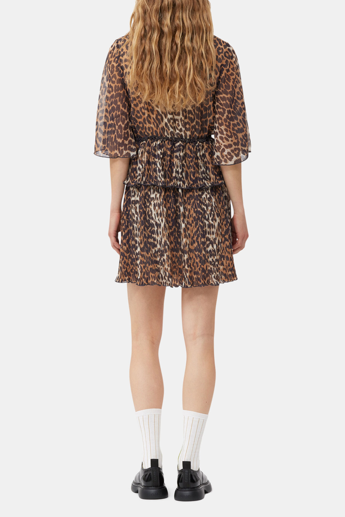 Leopard Pleated Georgette V-neck Flounce Mini Dress, Recycled Polyester, in colour Almond Milk - 2 - GANNI