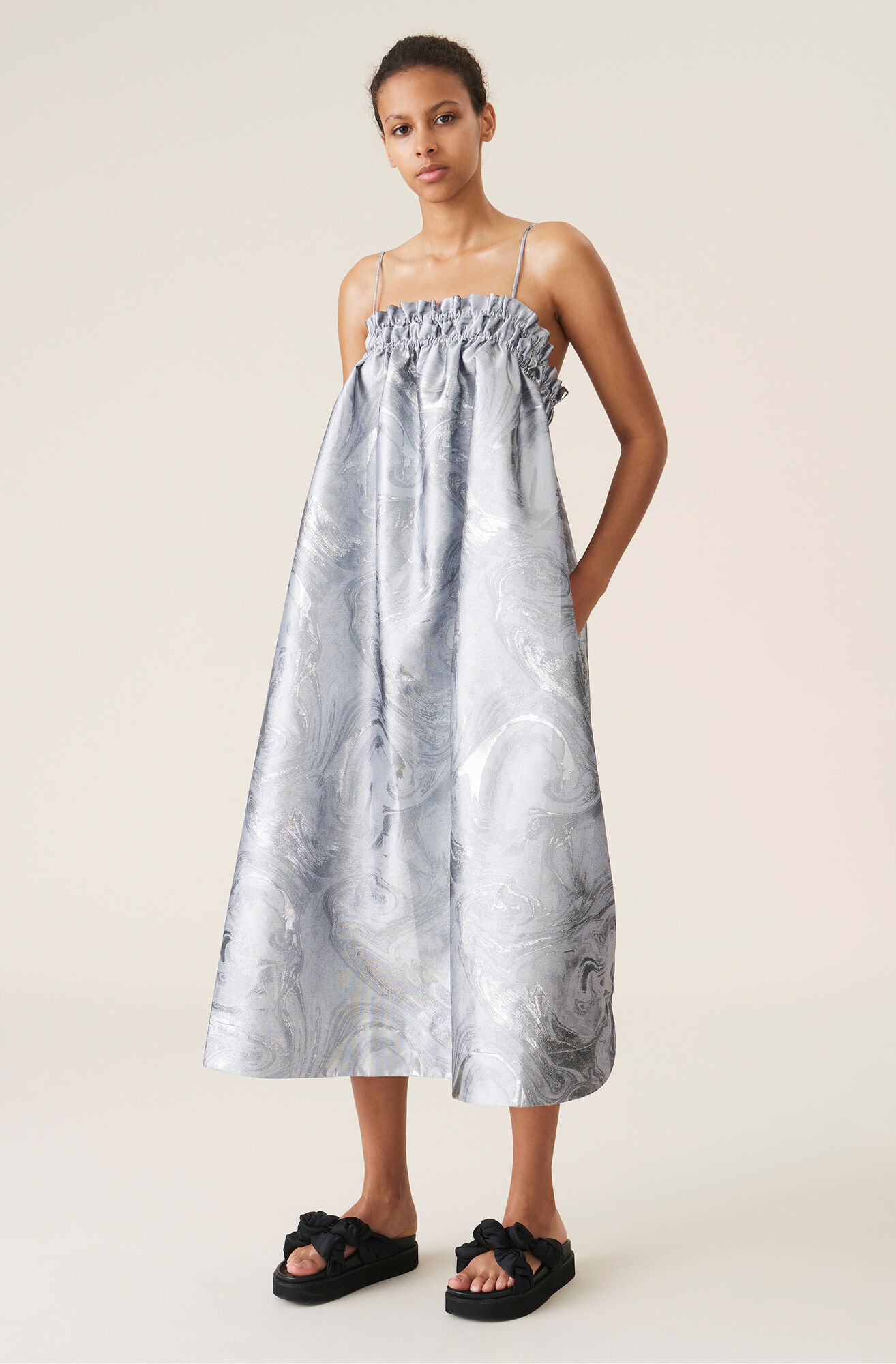 Shiny Jacquard Strap Dress, Nylon, in colour Sharkskin - 1 - GANNI