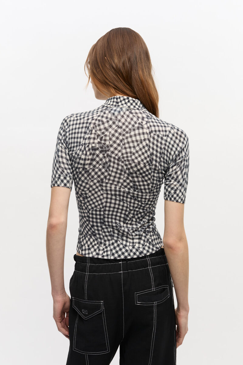 Black Sheer Cotton Printed Polo Shirt, Elastane, in colour Black - 3 - GANNI
