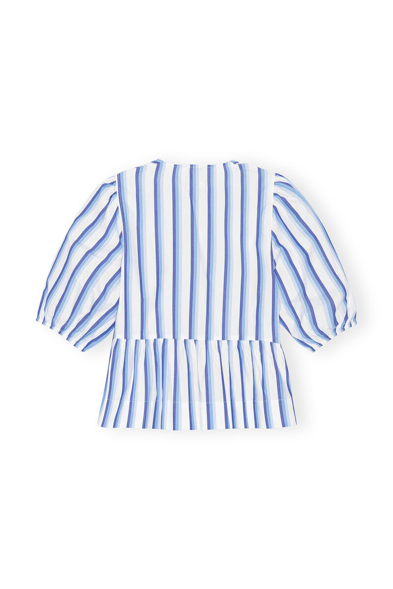 Blue Striped Cotton Poplin Peplum Tie blus, Cotton, in colour Silver Lake Blue - 2 - GANNI