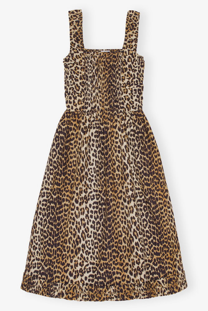 Leopard Printed Cotton Poplin Midi Strap Smock Dress, Leopard