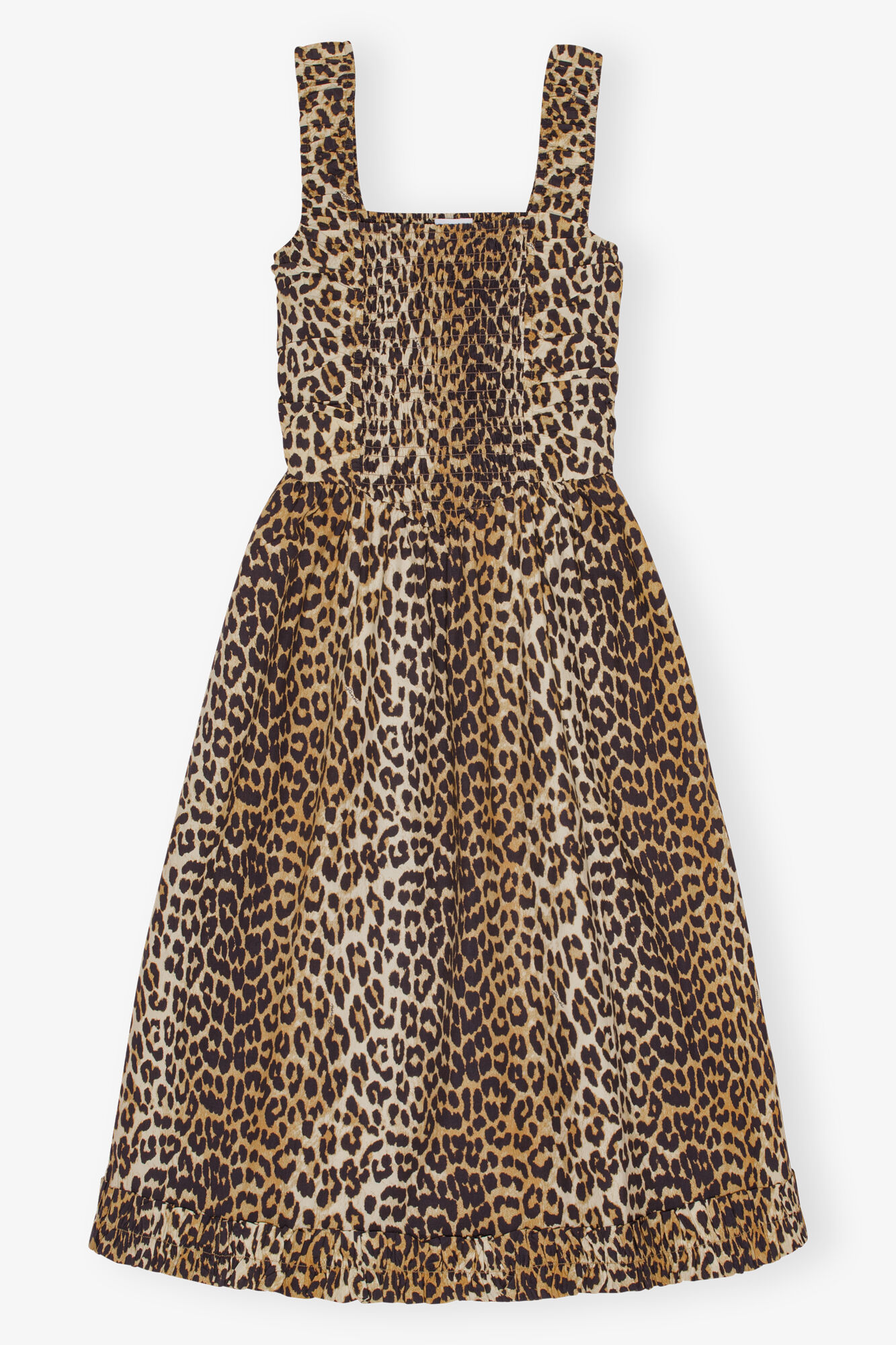 Leopard Printed Cotton Poplin Midi Strap Smock Dress, Cotton, in colour Leopard - 1 - GANNI