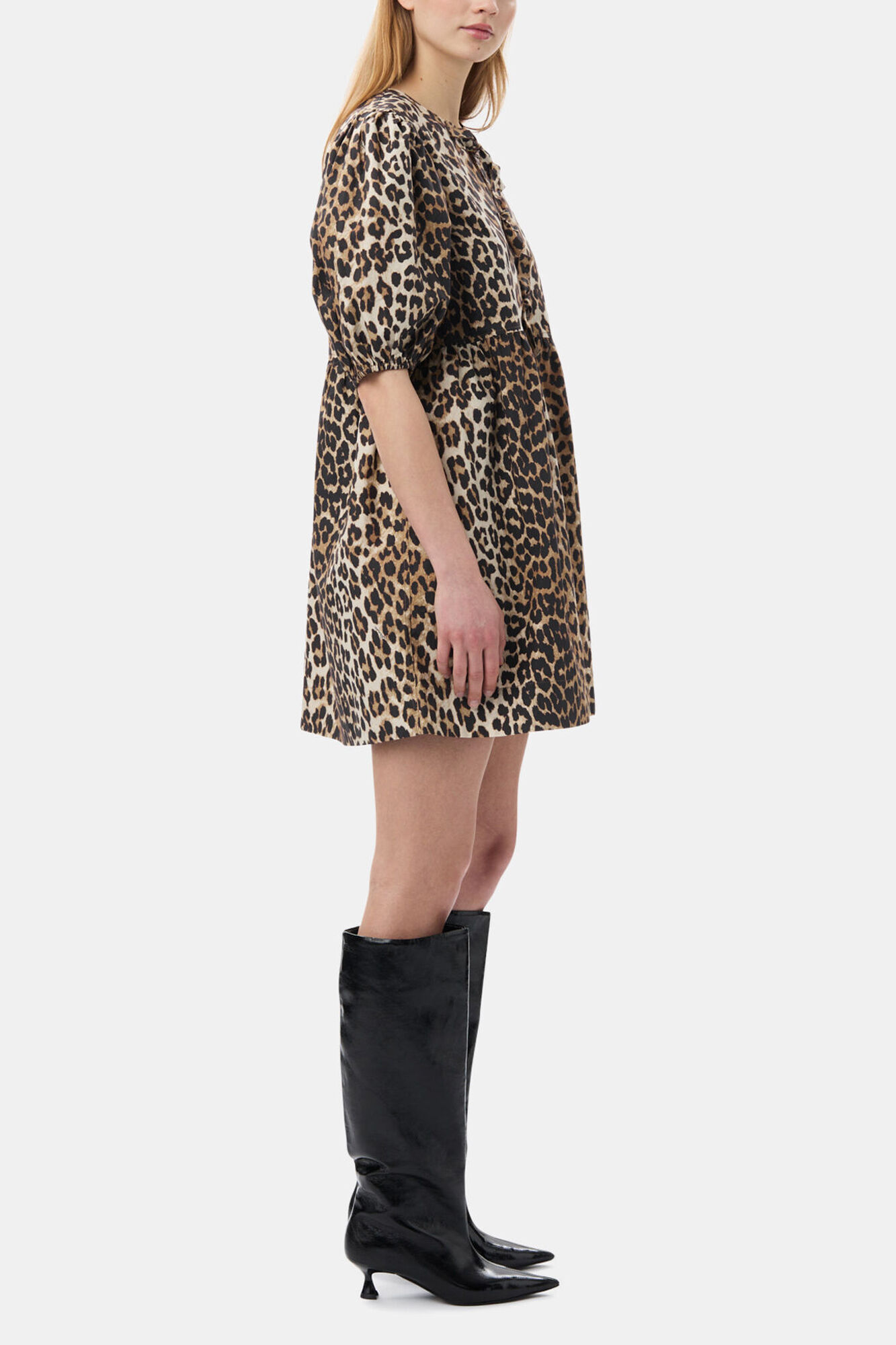 Leopard Printed Cotton Tie String Mini Dress | GANNI US