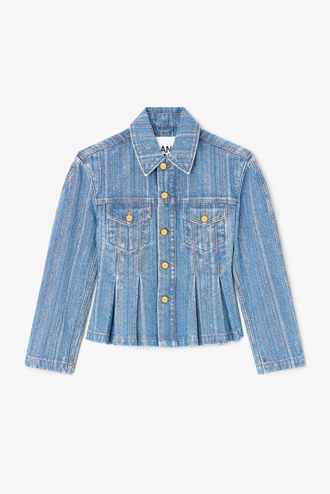 Randig plisserad denimjacka, Mid Blue Stone
