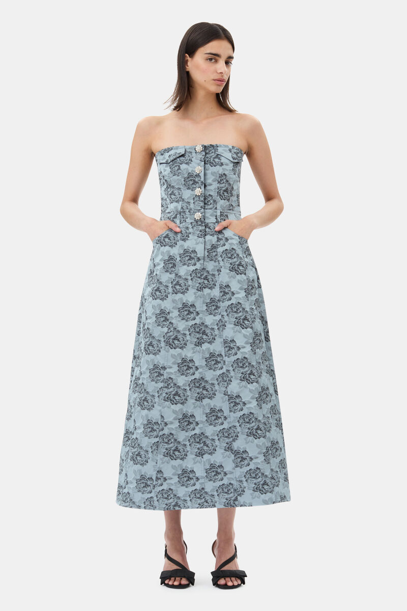 Blue Floral Jacquard Long Corsage Kjole, Polyamide, in colour Illusion Blue - 1 - GANNI