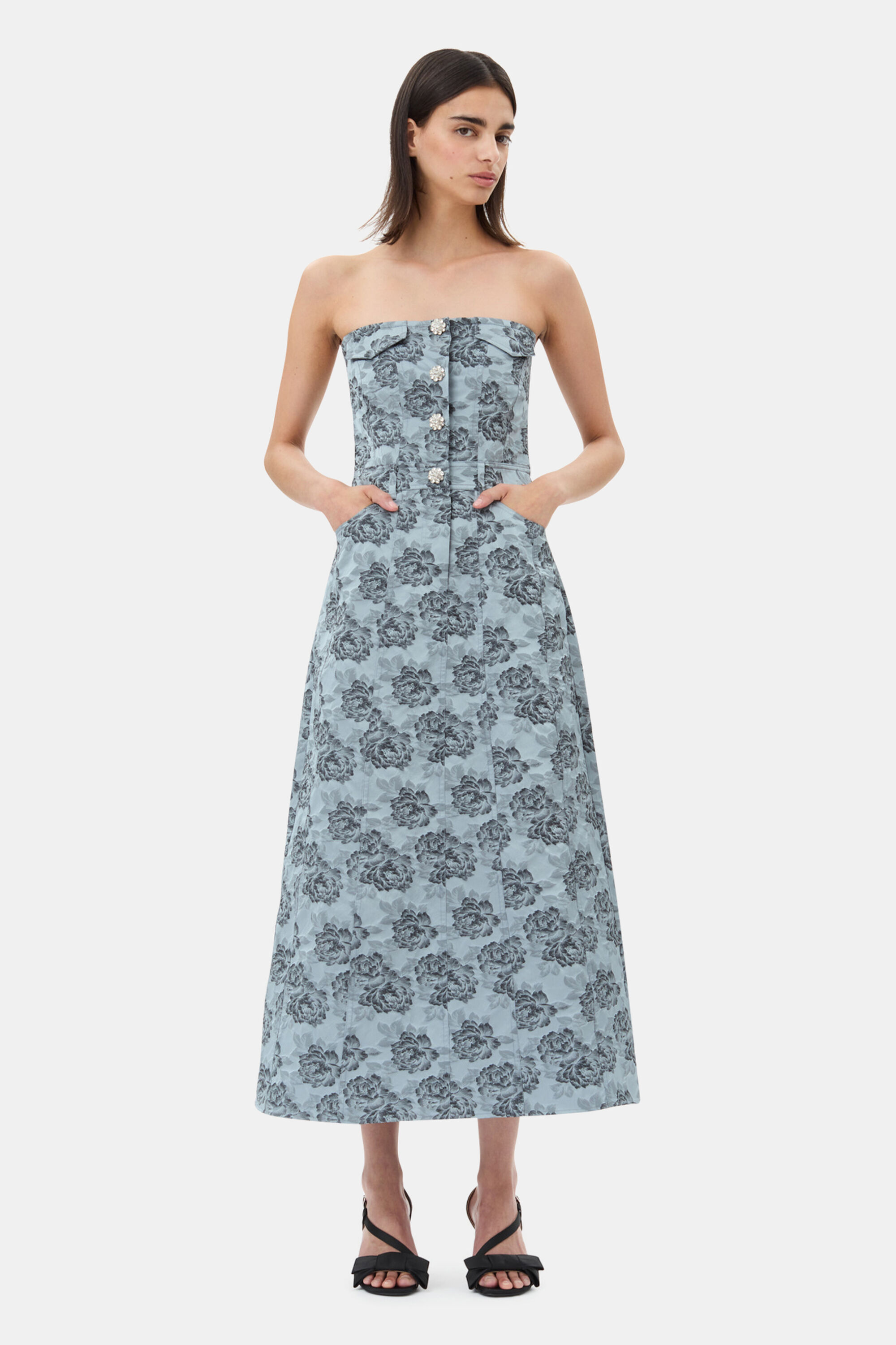 Illusion Blue Blue Floral Jacquard Long Corsage Dress | GANNI US