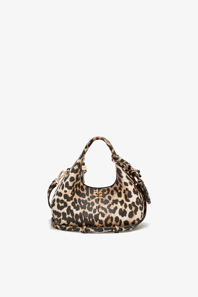 Mini Hobo taske i leopardprint med grynet tekstur, Recycled Polyester, in colour Almond Milk - 1 - GANNI