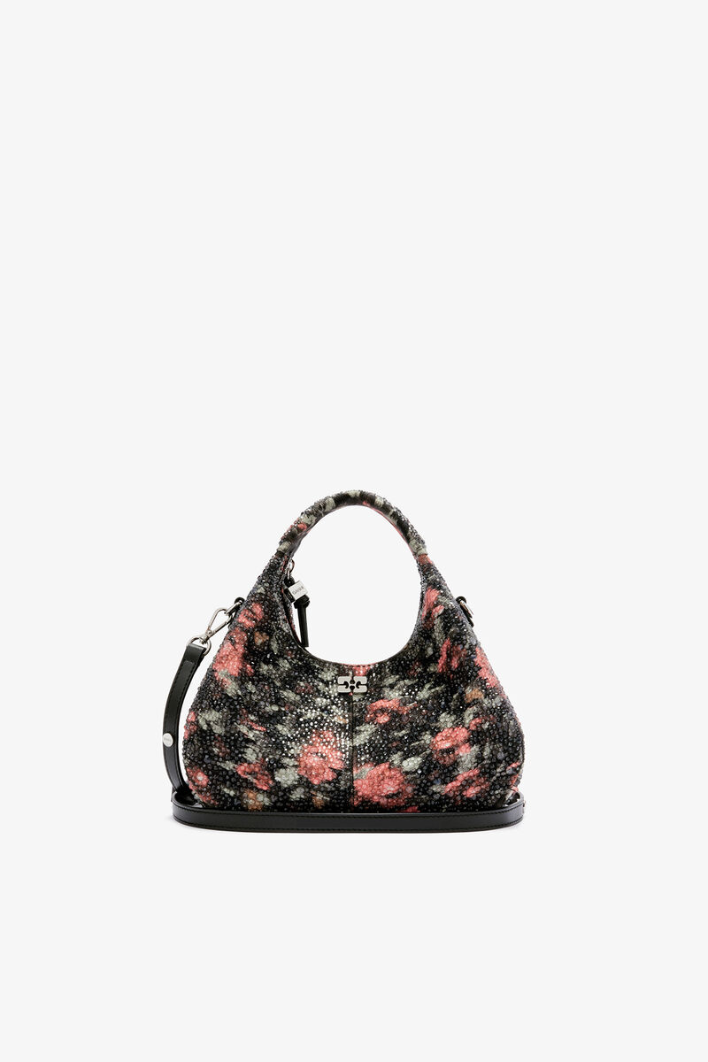Mini Hobo Bag with Beaded Flower, Recycled Cotton, in colour Black - 1 - GANNI