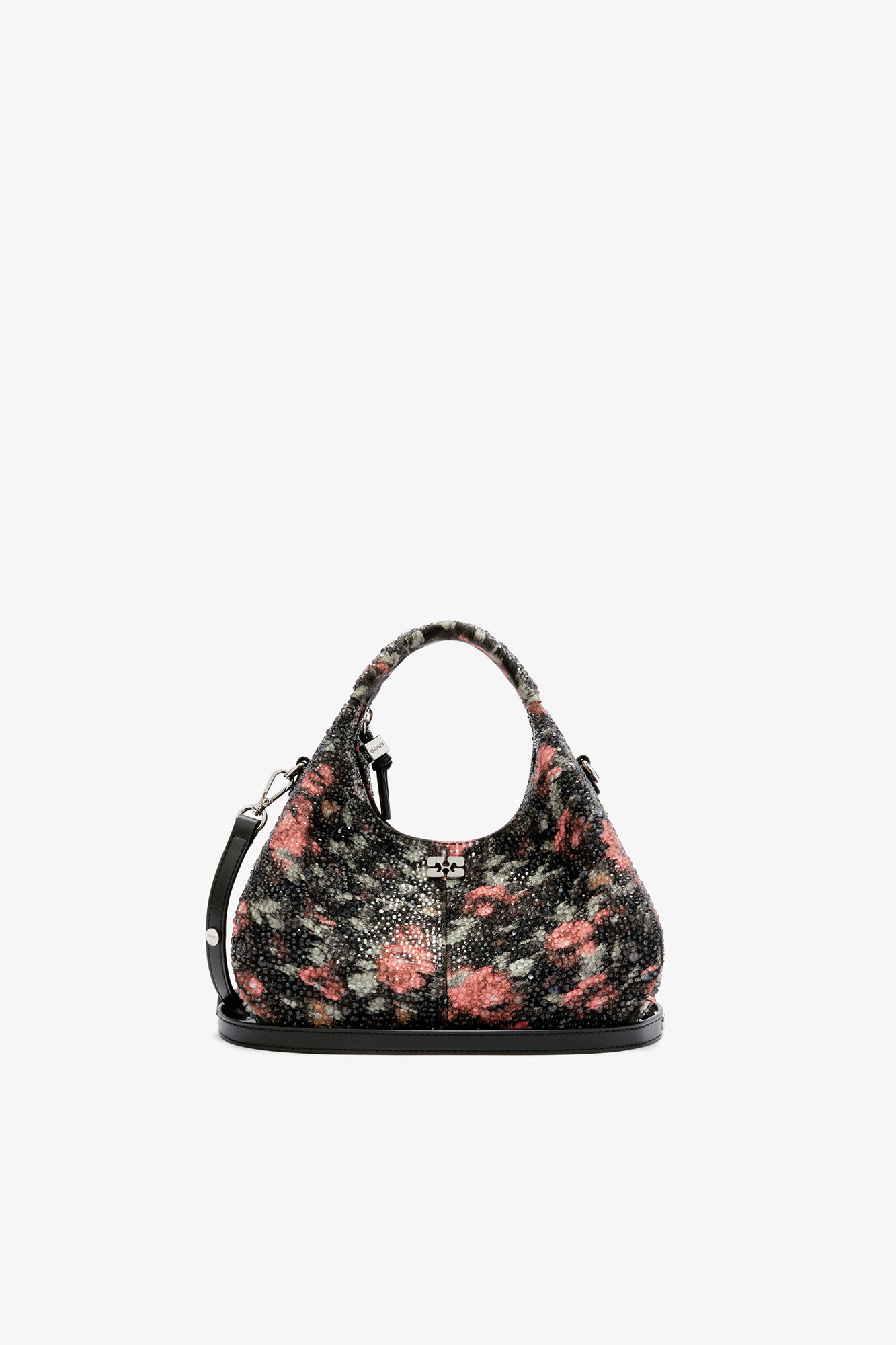 Mini Hobo Bag with Beaded Flower, Recycled Cotton, in colour Black - 1 - GANNI