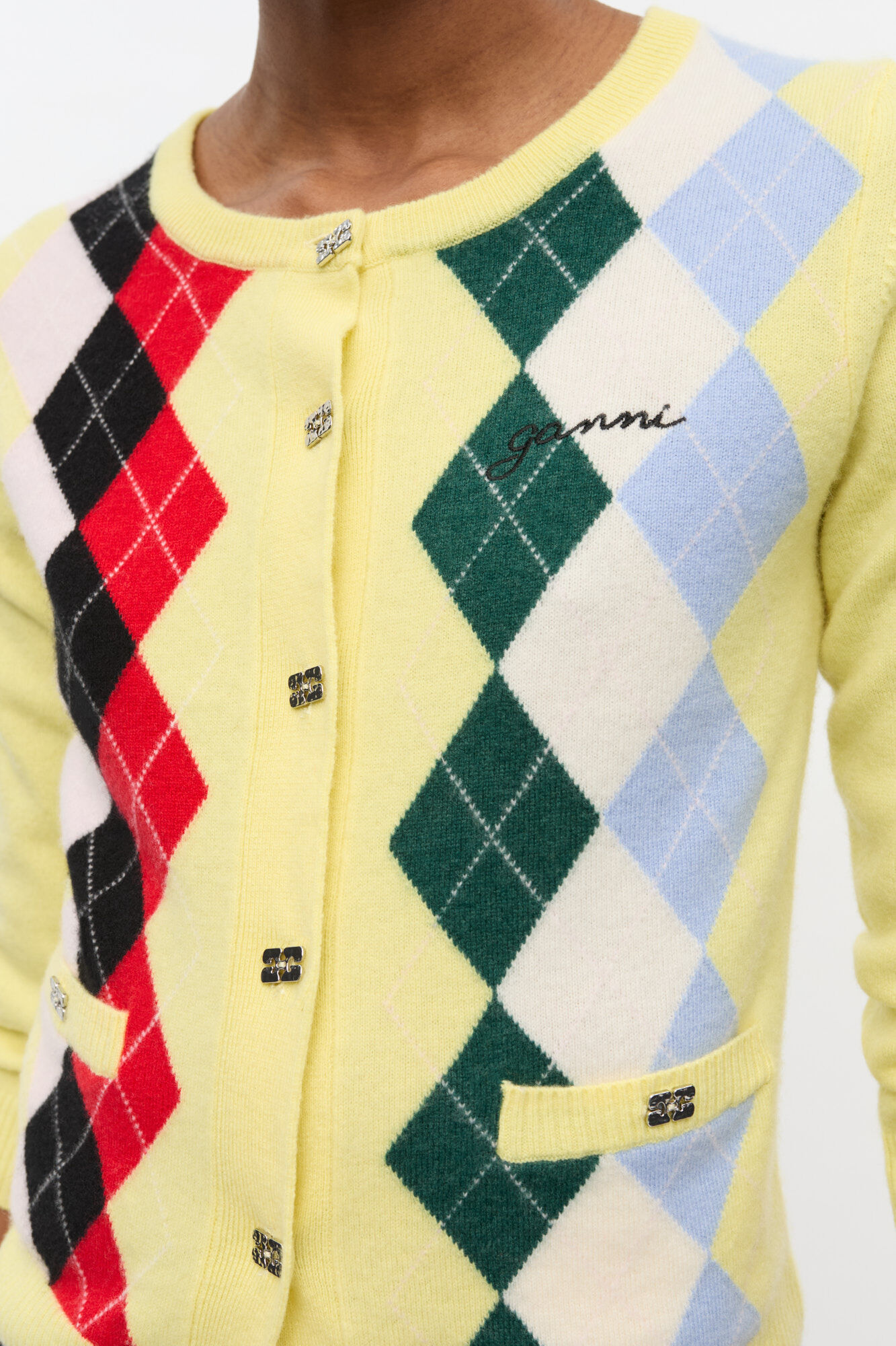 Yellow Check Cardigan, Merino Wool, in colour Pear Sorbet - 4 - GANNI