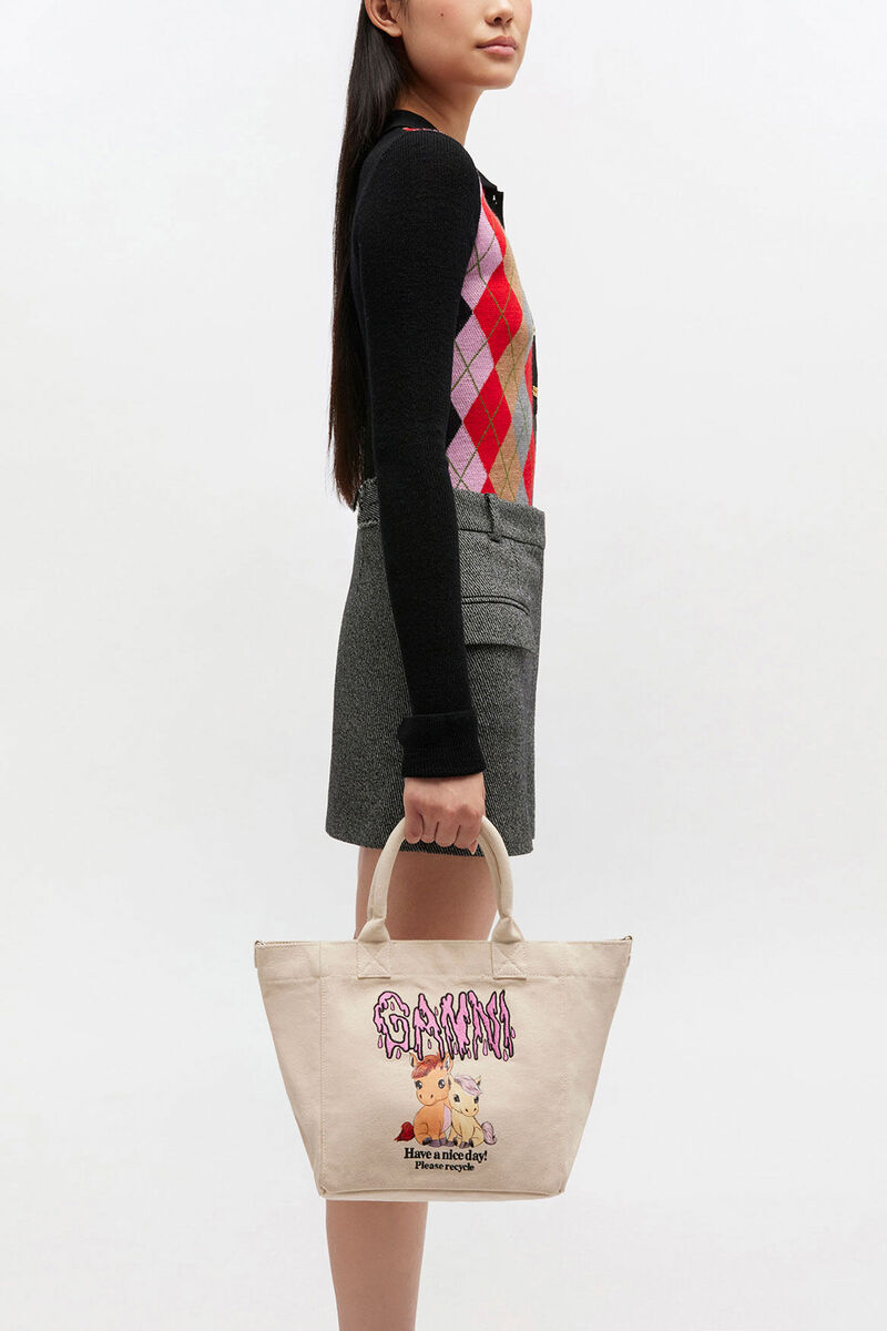 Small Easy Pony Printed Shopper, Recycled Cotton, in colour Egret - 1 - GANNI