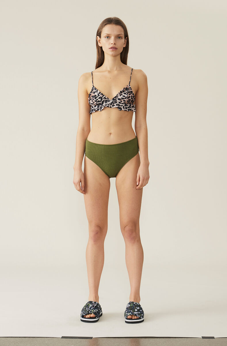 Printed Polyester Frill Bikini Top, Elastane, in colour Leopard - 1 - GANNI