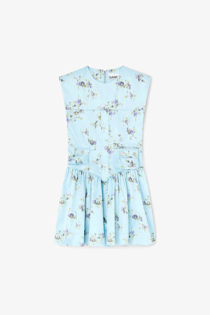 Dress in Printed Satin, Recycled Polyester, in colour Iced Aqua - 1 - GANNI