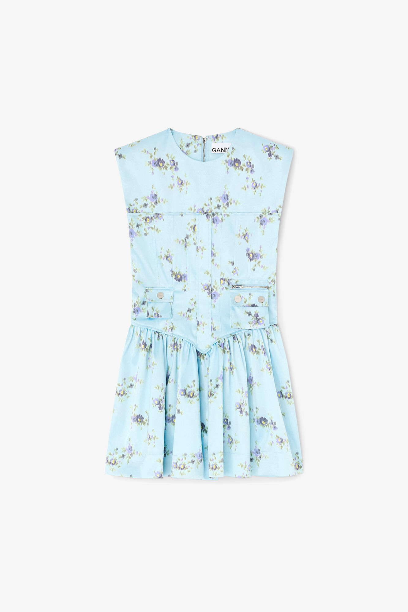 Dress in Printed Satin, Recycled Polyester, in colour Iced Aqua - 1 - GANNI