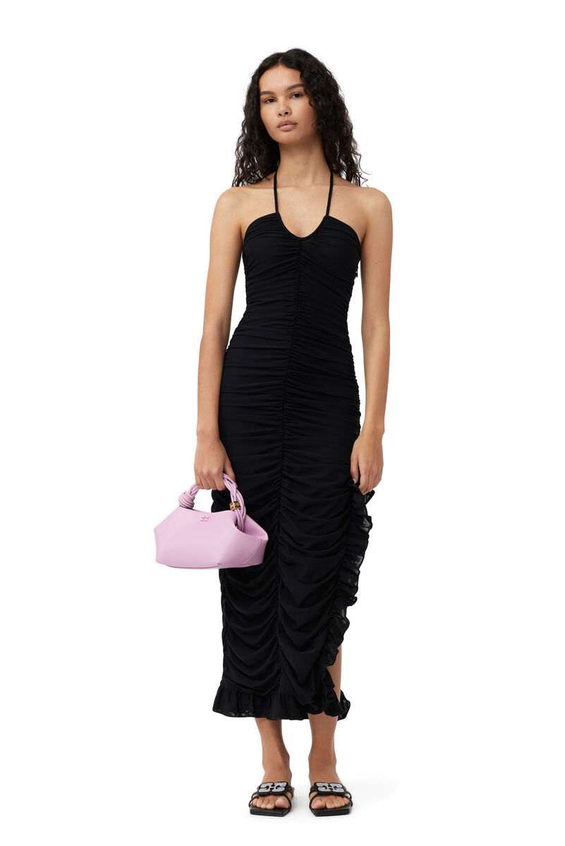 GANNI X ESTER MANAS Mesh Halterneck Gather Dress, Recycled Nylon, in colour Black - 5 - GANNI