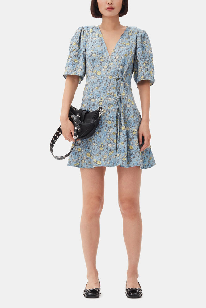 Blue Floral Printed Crinkled Satin Mini Wrap Dress, Dusty Blue