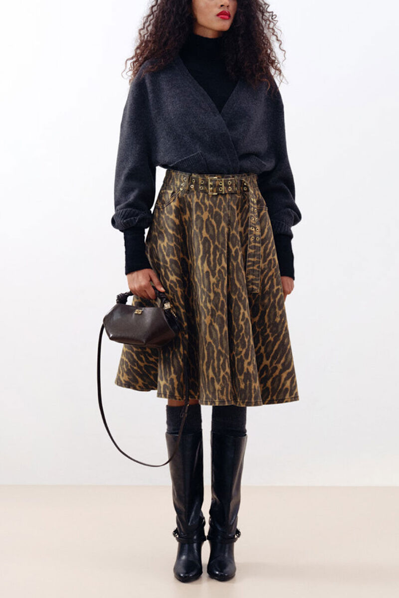 Leopard Denim Wrap Skirt, Organic Cotton, in colour Khaki - 1 - GANNI