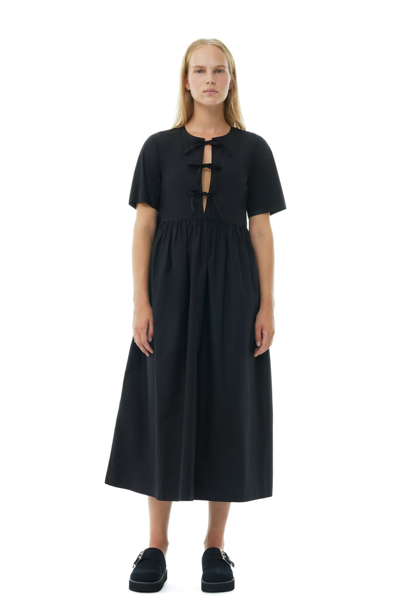 Black Cotton Poplin Long Tie String Dress, Cotton, in colour Black - 1 - GANNI