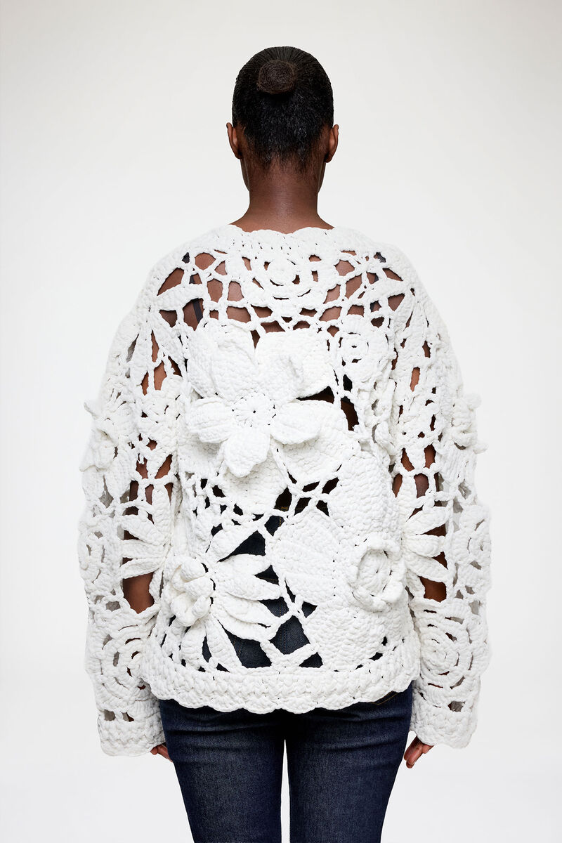 Handknit Crewneck in White, Organic Cotton, in colour Bright White - 3 - GANNI