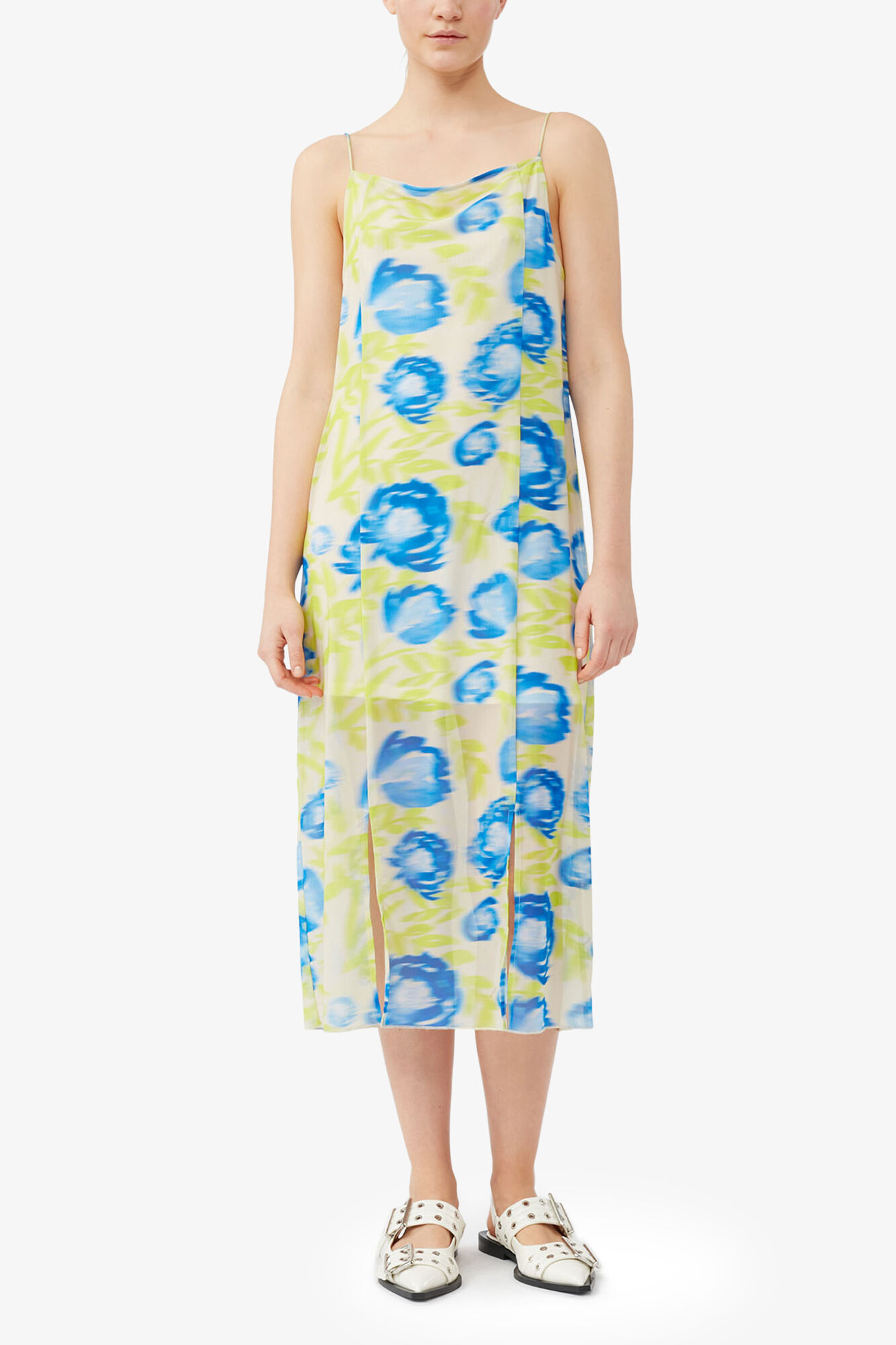 Printed Mesh Slip Dress, Recycled Nylon, in colour Strong Blue - 1 - GANNI