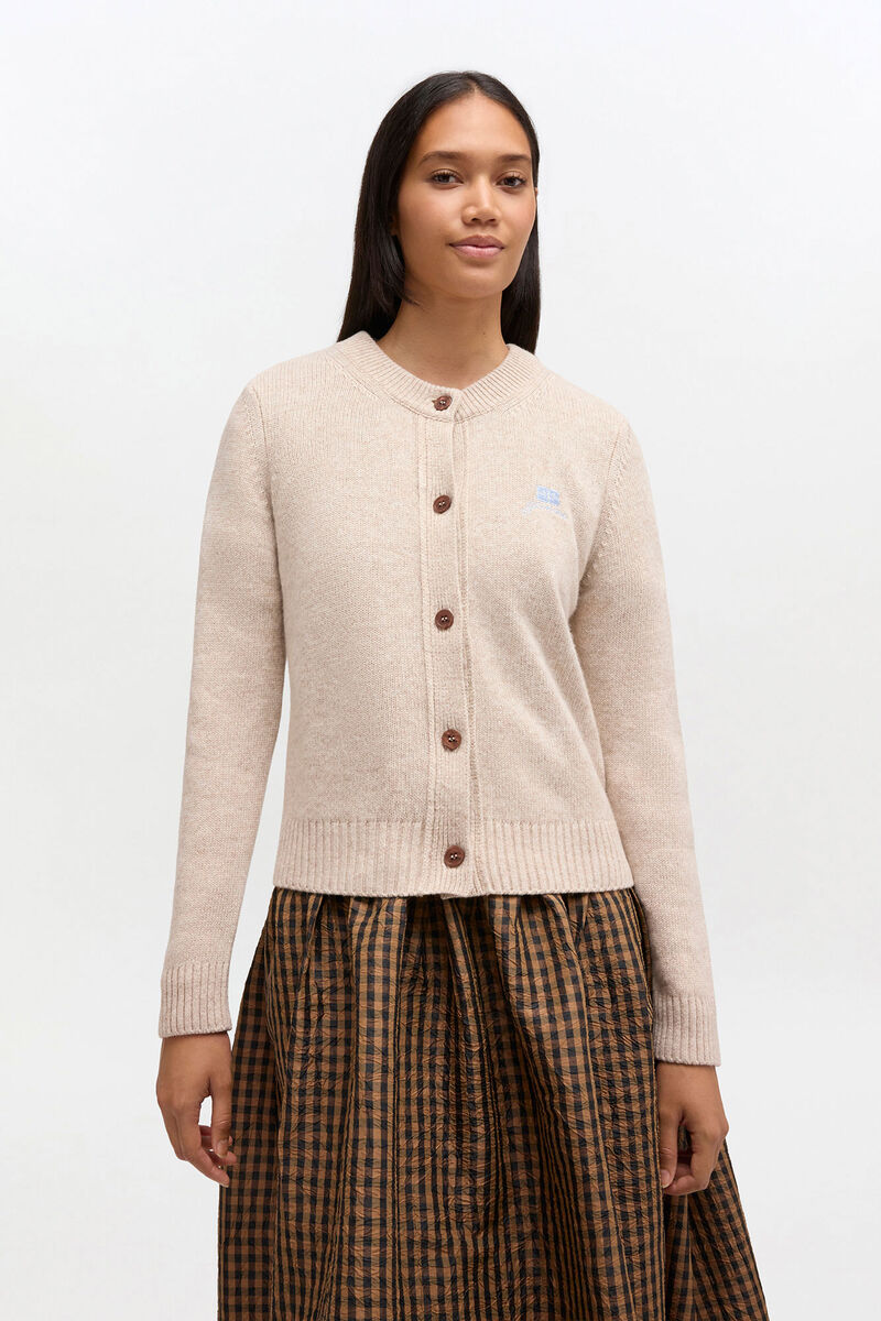 Beige Wool Mix Cardigan, Viscose, in colour Sand - 2 - GANNI