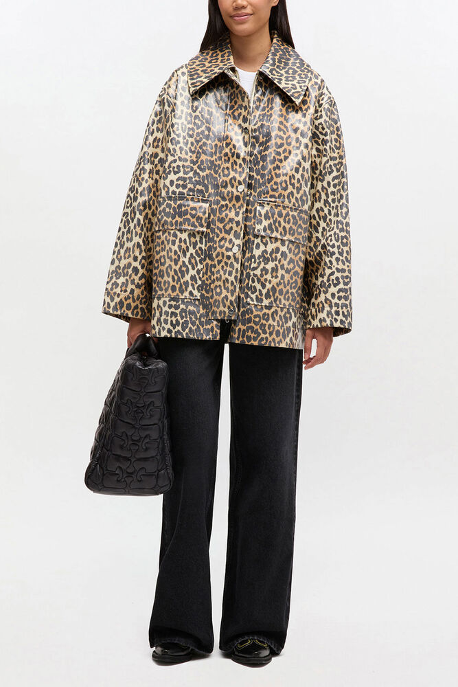 Leopard Laminated Cotton Jacket, Almond Milk