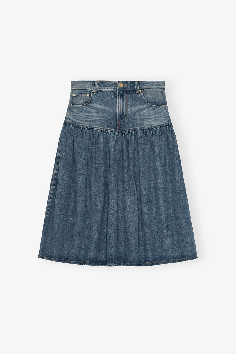 Mid Blue Washed Denim Skirt, Organic Cotton, in colour Mid Blue Vintage - 1 - GANNI