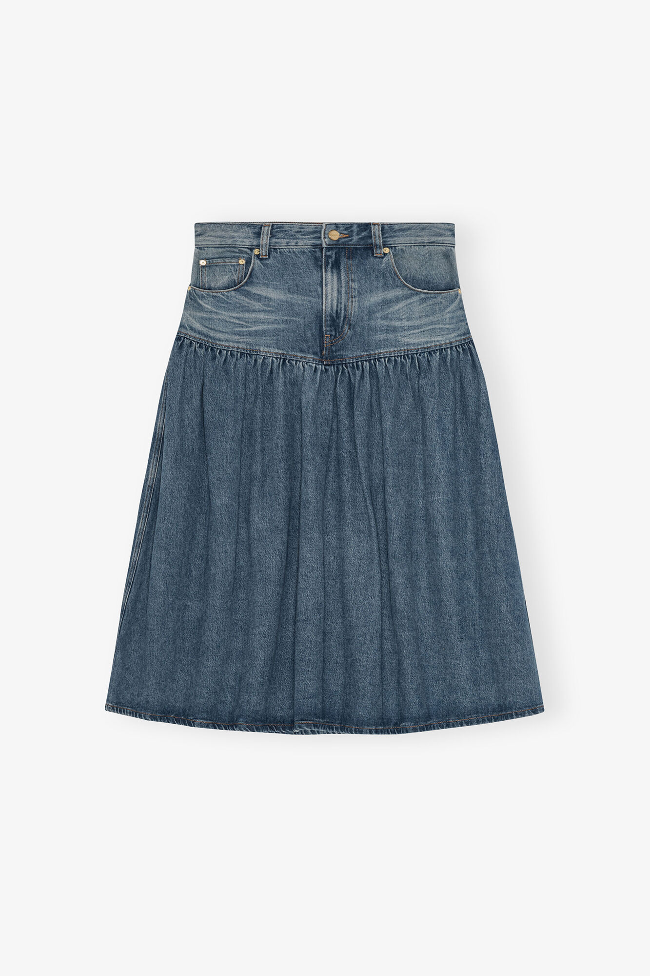 Mid Blue Washed Denim Skirt, Organic Cotton, in colour Mid Blue Vintage - 1 - GANNI