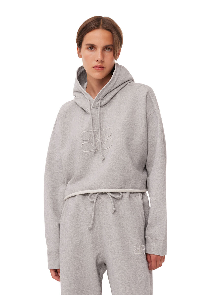 Grey Oversized Isoli Cropped Hoodie, Cotton, in colour Paloma Melange - 4 - GANNI