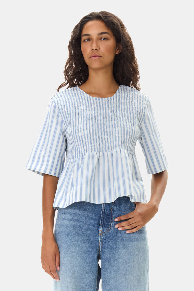 Blue Stripe Cotton Smock Blouse, Cotton, in colour Egret - 1 - GANNI