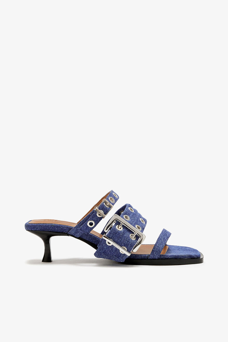 Buckle Strap Mule in Denim, Organic Cotton, in colour Mid Blue Vintage - 1 - GANNI