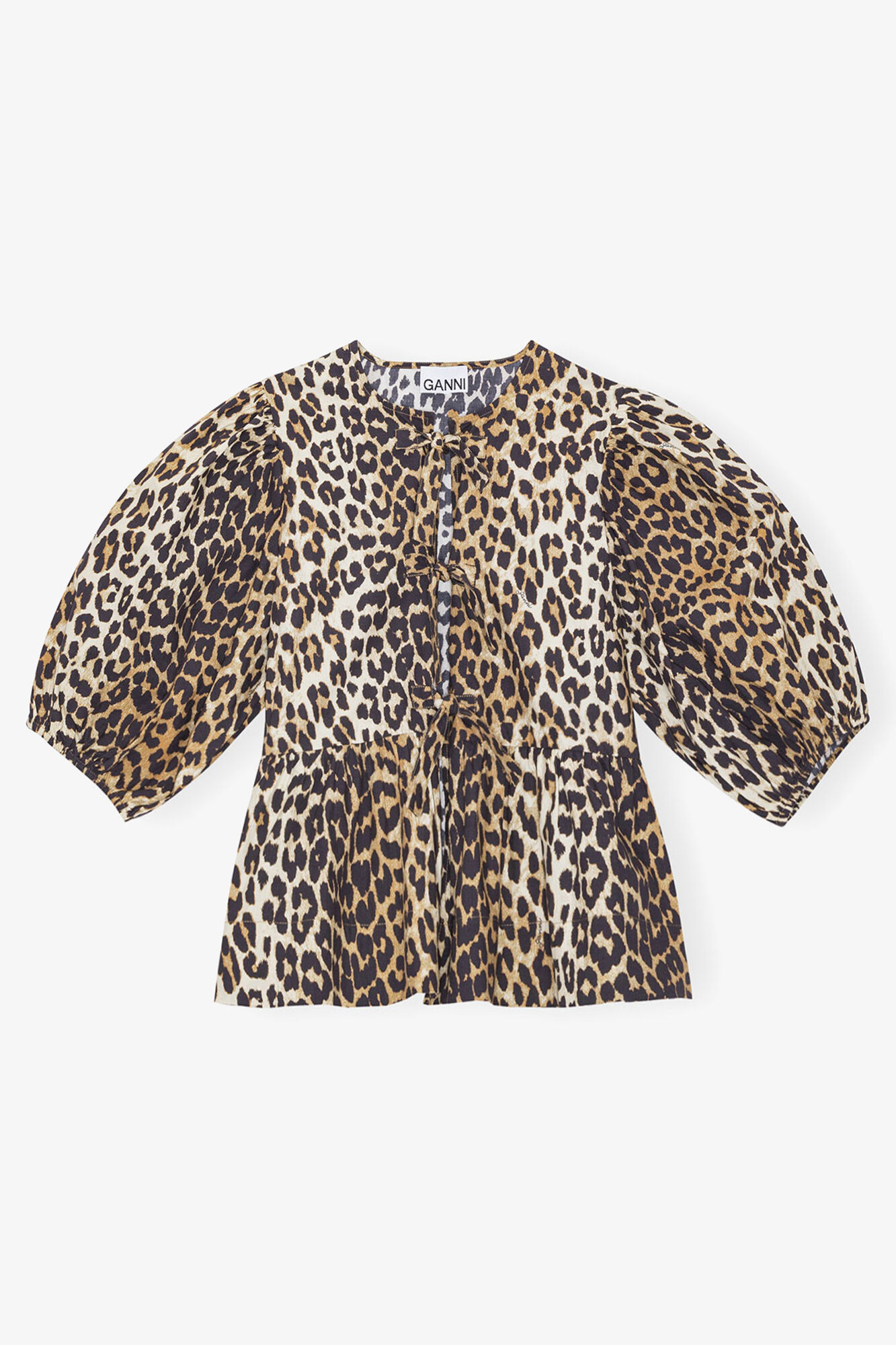 Leopard Cotton Poplin Peplum Tie Blouse, Organic Cotton, in colour Leopard - 1 - GANNI