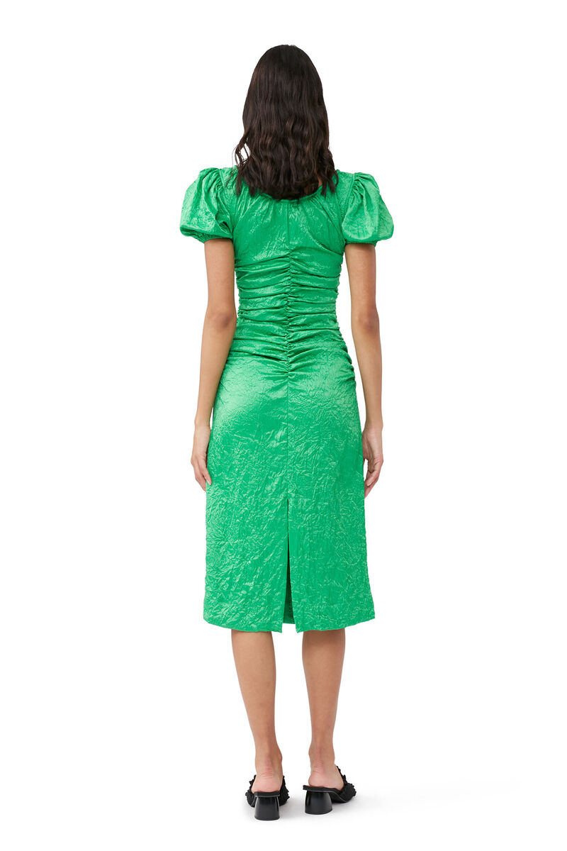 Green Crinkled Satin Midi Dress, Elastane, in colour Bright Green - 2 - GANNI