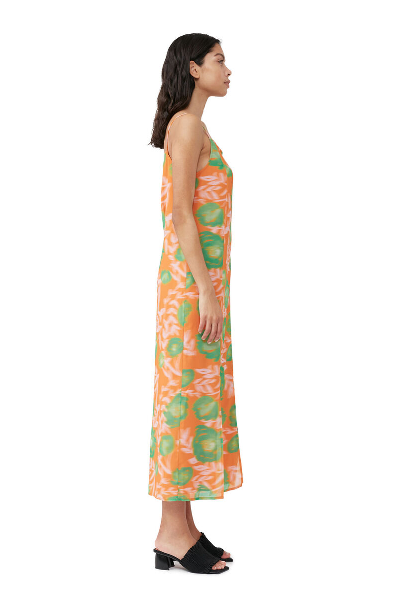 Printed Light Crepe Slip Dress, Recycled Polyester, in colour Vibrant Orange - 3 - GANNI