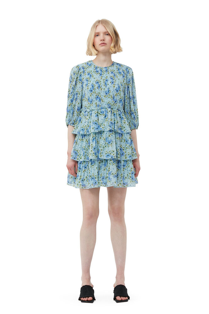 Pleated Georgette Mini Dress, Ice Water