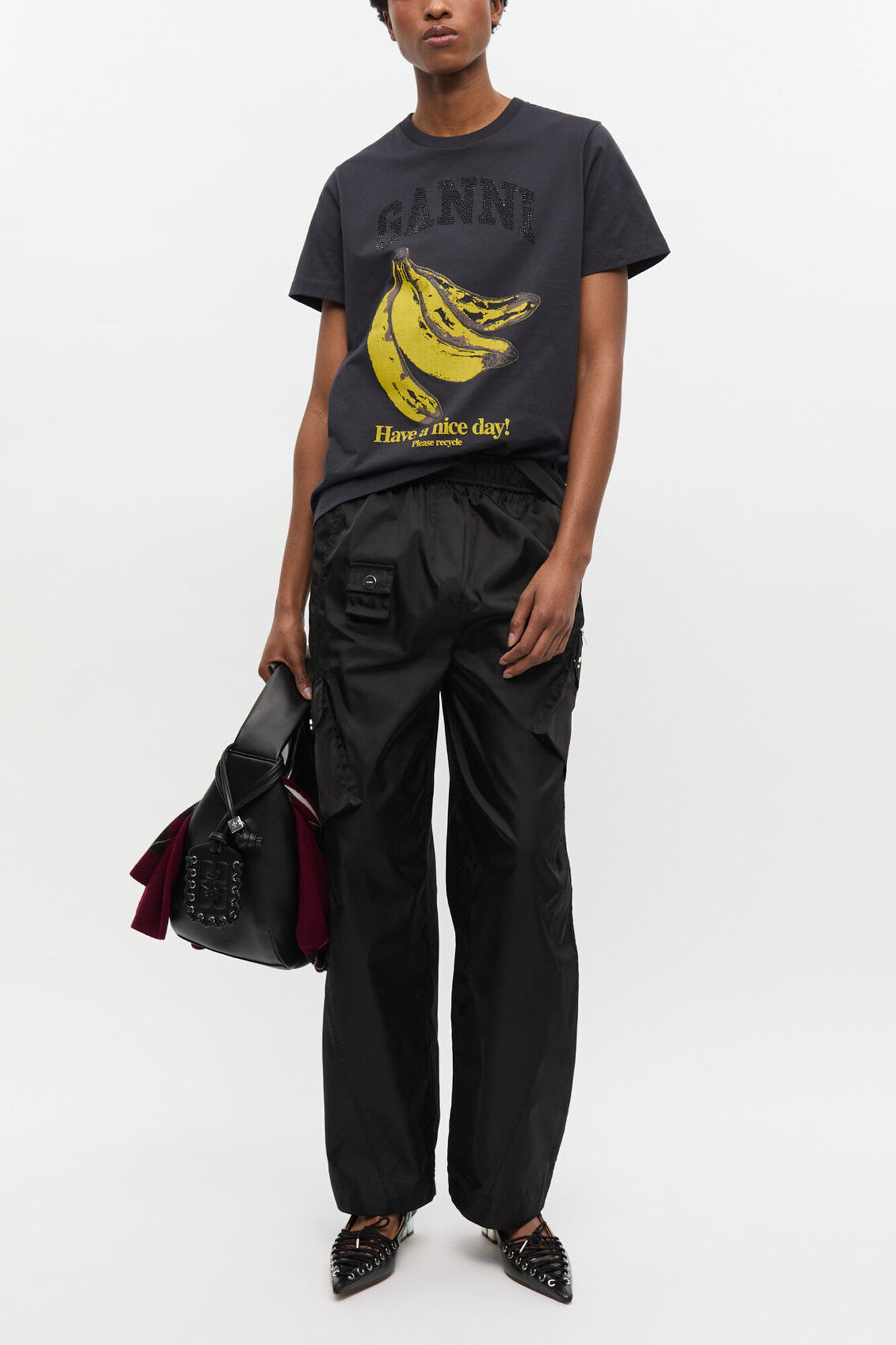 T-shirt &agrave; imprim&eacute; graphique banane noir, Organic Cotton, in colour Phantom - 2 - GANNI