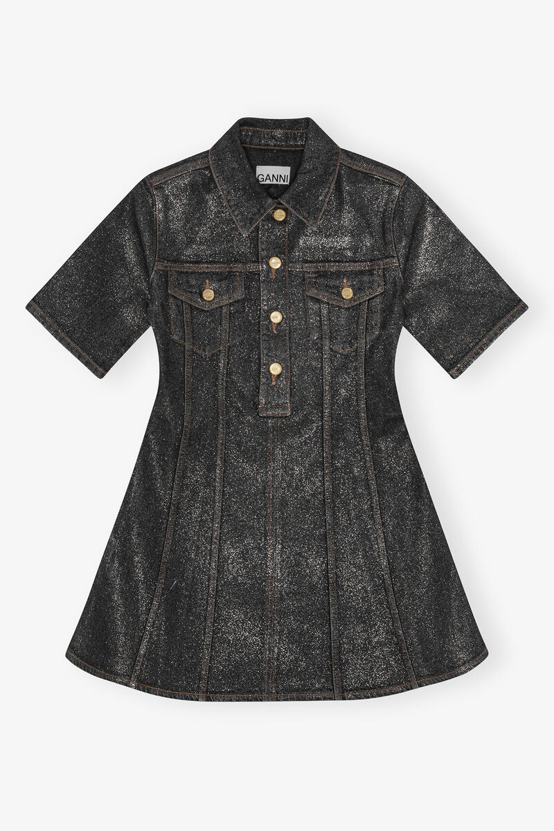 Robe courte en denim à feuille scintillante, Cotton, in colour Washed Black/Black - 1 - GANNI
