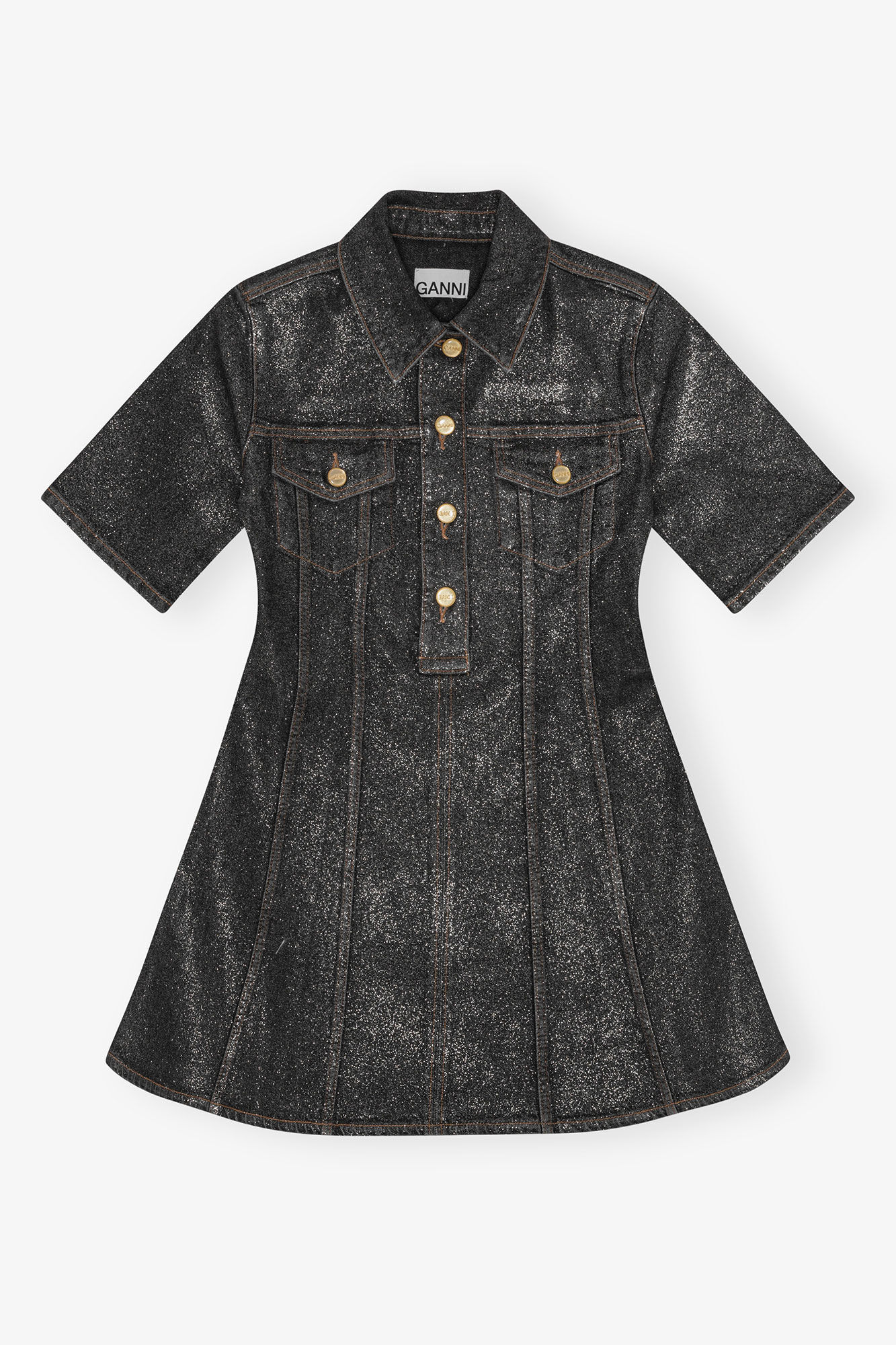 Robe courte en denim à feuille scintillante, Cotton, in colour Washed Black/Black - 1 - GANNI