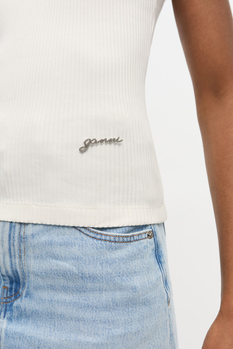 Ivory Ribbed Tank Top, Organic Cotton, in colour Egret - 4 - GANNI