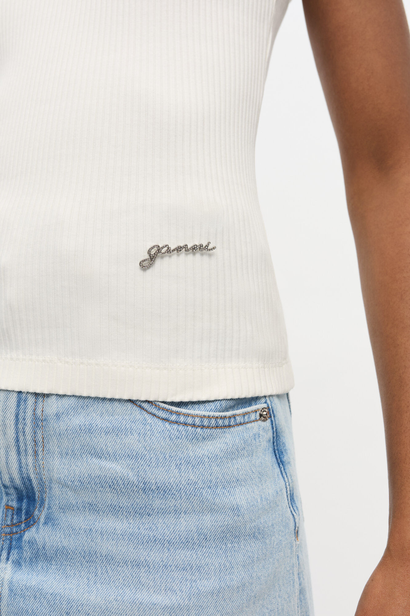 Ivory Ribbed Tank Top, Organic Cotton, in colour Egret - 4 - GANNI