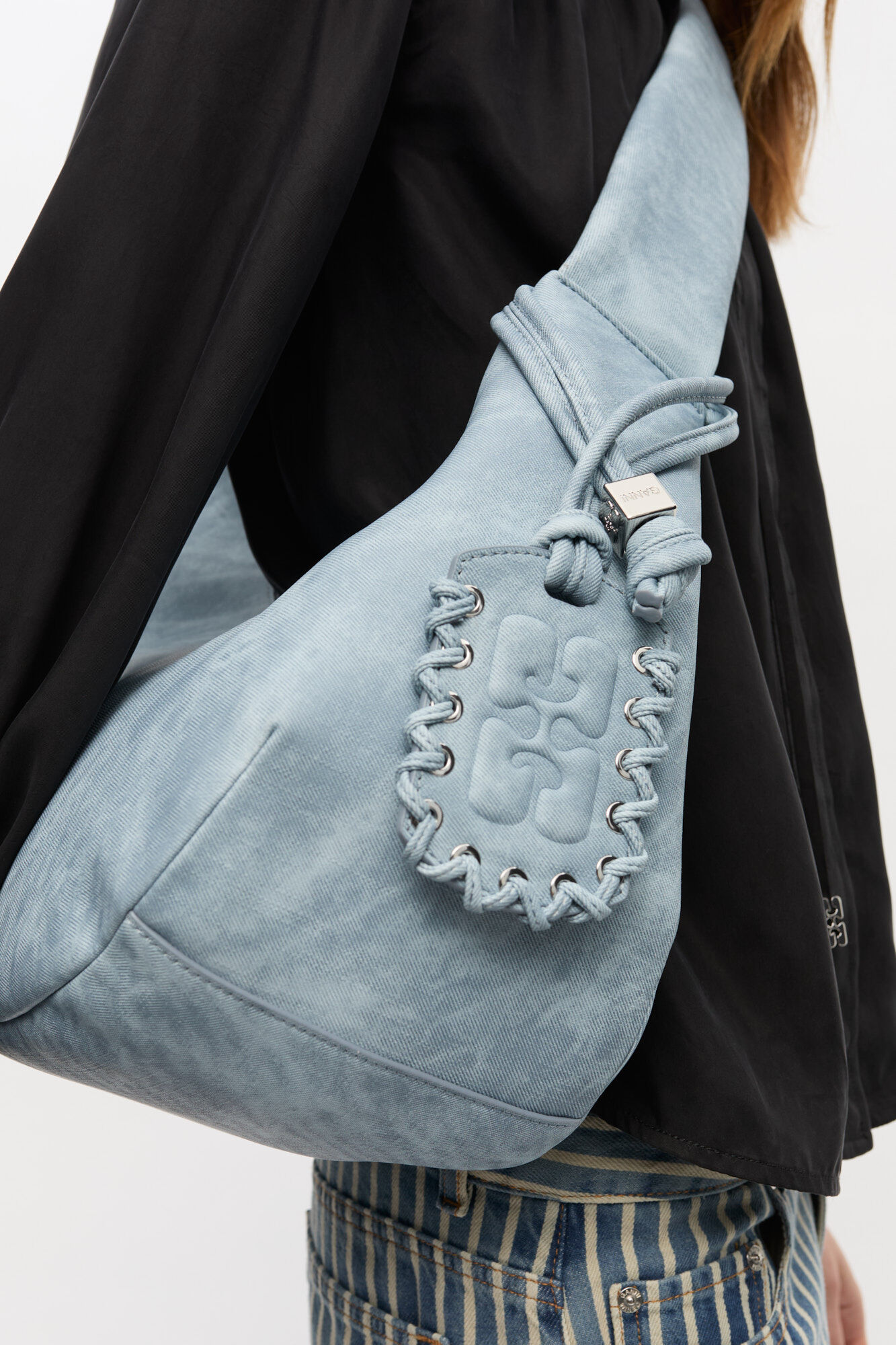 Bleached Medium Hobo Bag, Recycled Polyester, in colour Celestial Blue - 3 - GANNI