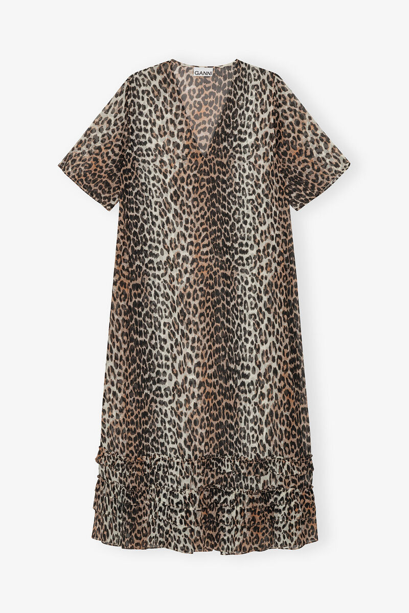 Leopard Chiffon Maxi Dress, Recycled Polyester, in colour Leopard - 1 - GANNI