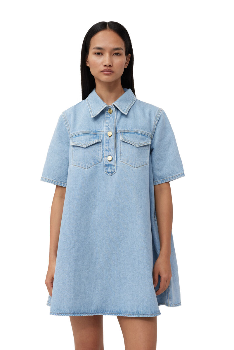 Cutline Denim Mini Dress, Cotton, in colour Mid Blue Vintage - 4 - GANNI