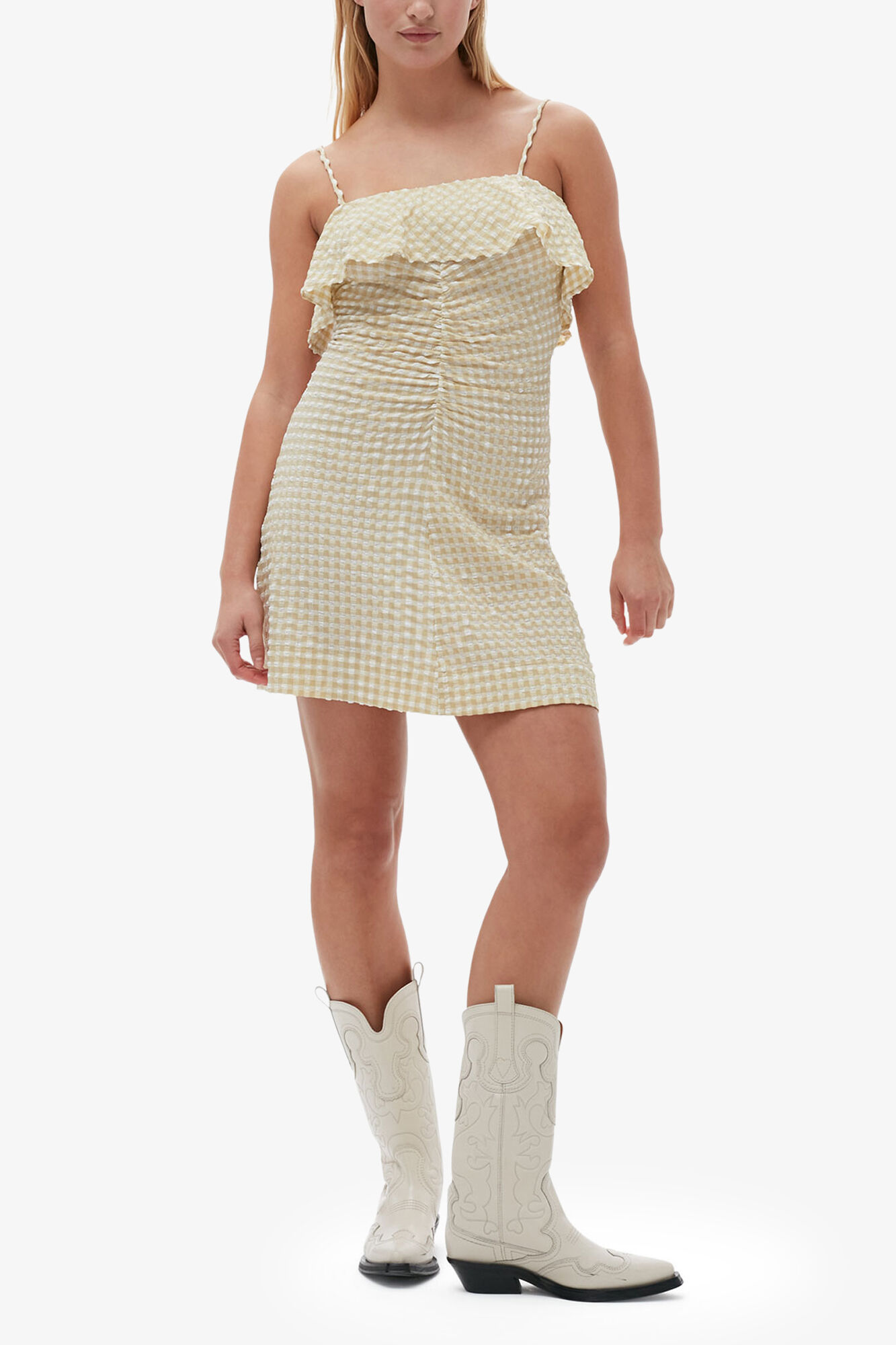 Stretch Seersucker Strap Mini Dress, Recycled Polyester, in colour Pale Khaki - 1 - GANNI
