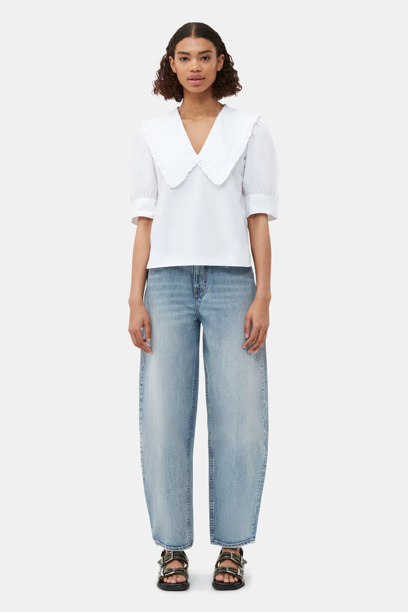 White Cotton Poplin V-neck Ruffle Blouse, Organic Cotton, in colour Bright White - 2 - GANNI