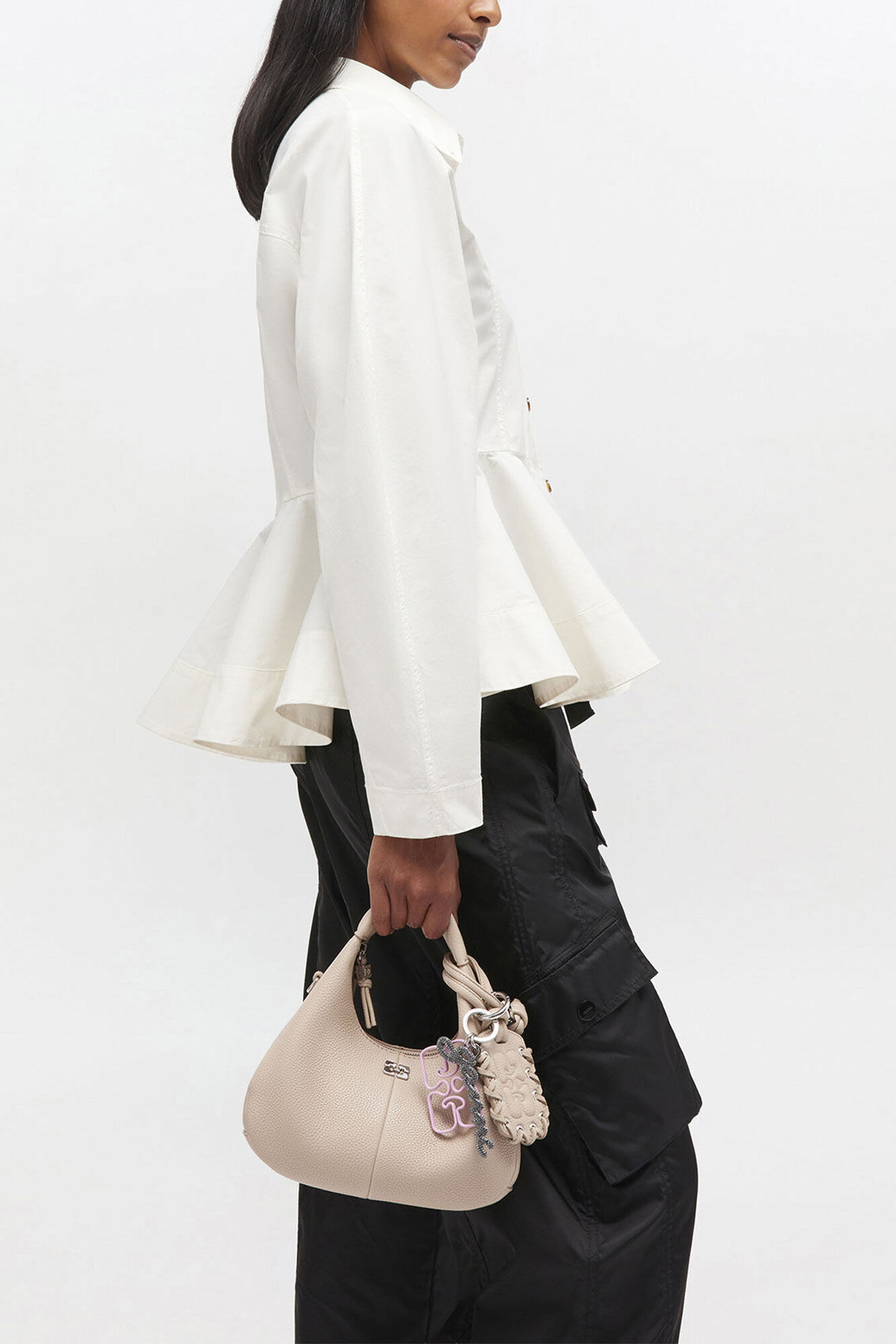 Light Grey Mini Hobo Bag, Recycled Polyester, in colour White Pepper - 1 - GANNI