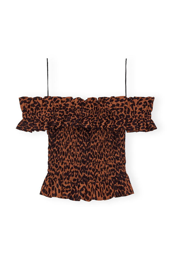 Exclusive Printed Cotton Off-Shoulder Smock Top, Toffee