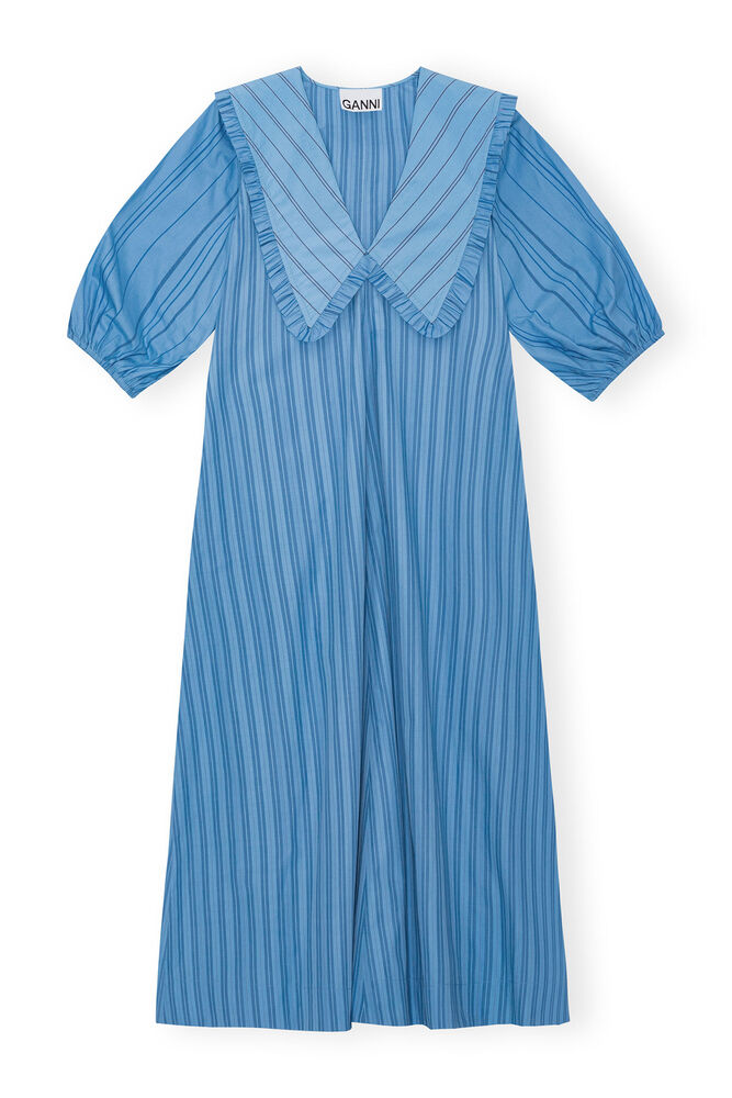 Re-cut Striped Cotton V-Neck Maxi Dress, Silver Lake Blue