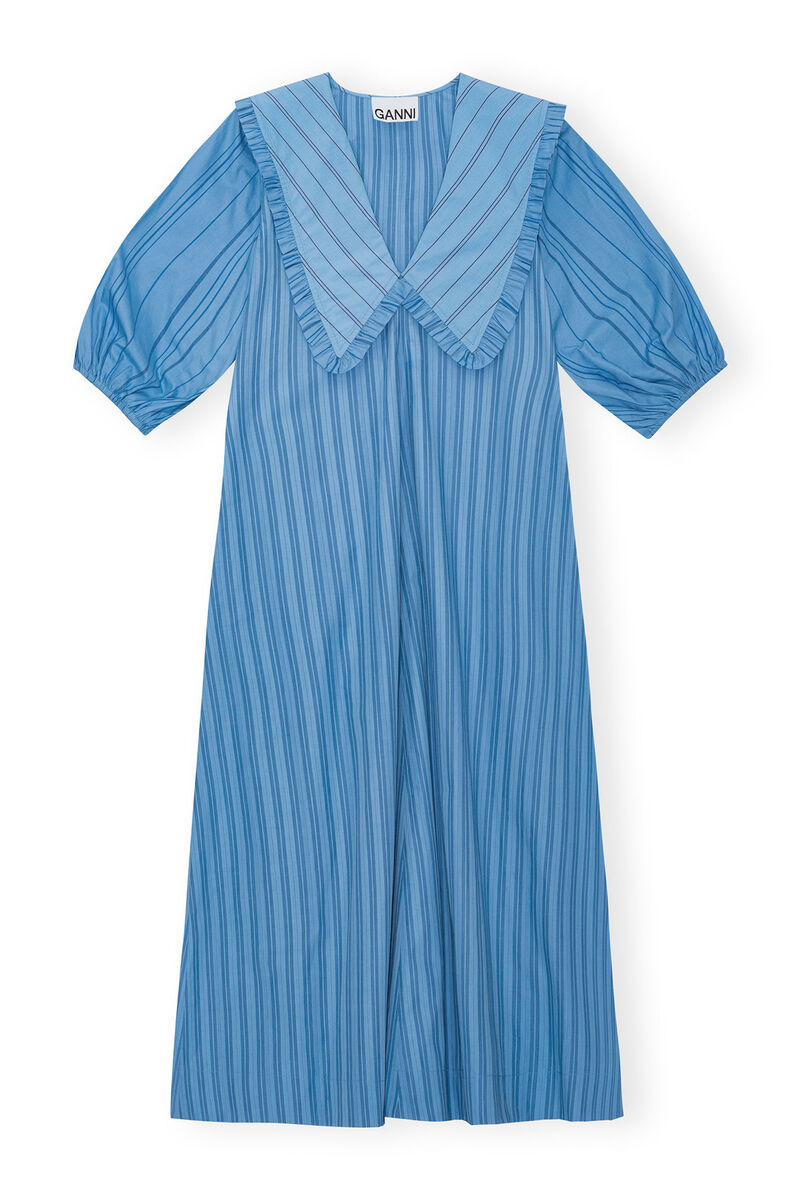 Re-cut Striped Cotton V-Neck Maxi Dress, Cotton, in colour Silver Lake Blue - 1 - GANNI
