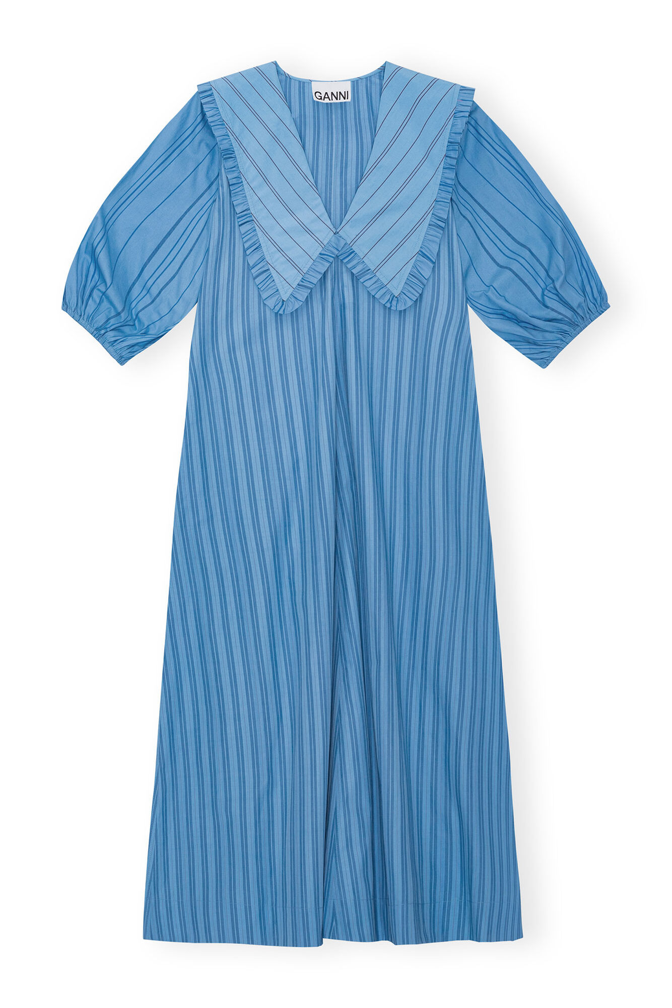 Re-cut Striped Cotton V-Neck Maxikjole, Cotton, in colour Silver Lake Blue - 1 - GANNI
